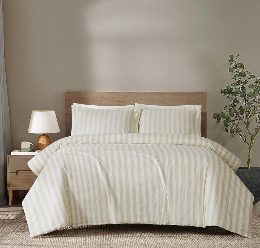 Brooklyn Loom Levi Stripe Comforter Set features wide vertical cabana stripes in ivory and white king