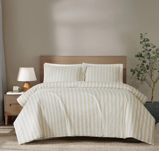 Brooklyn Loom Levi Stripe Comforter Set features wide vertical cabana stripes in ivory and white king