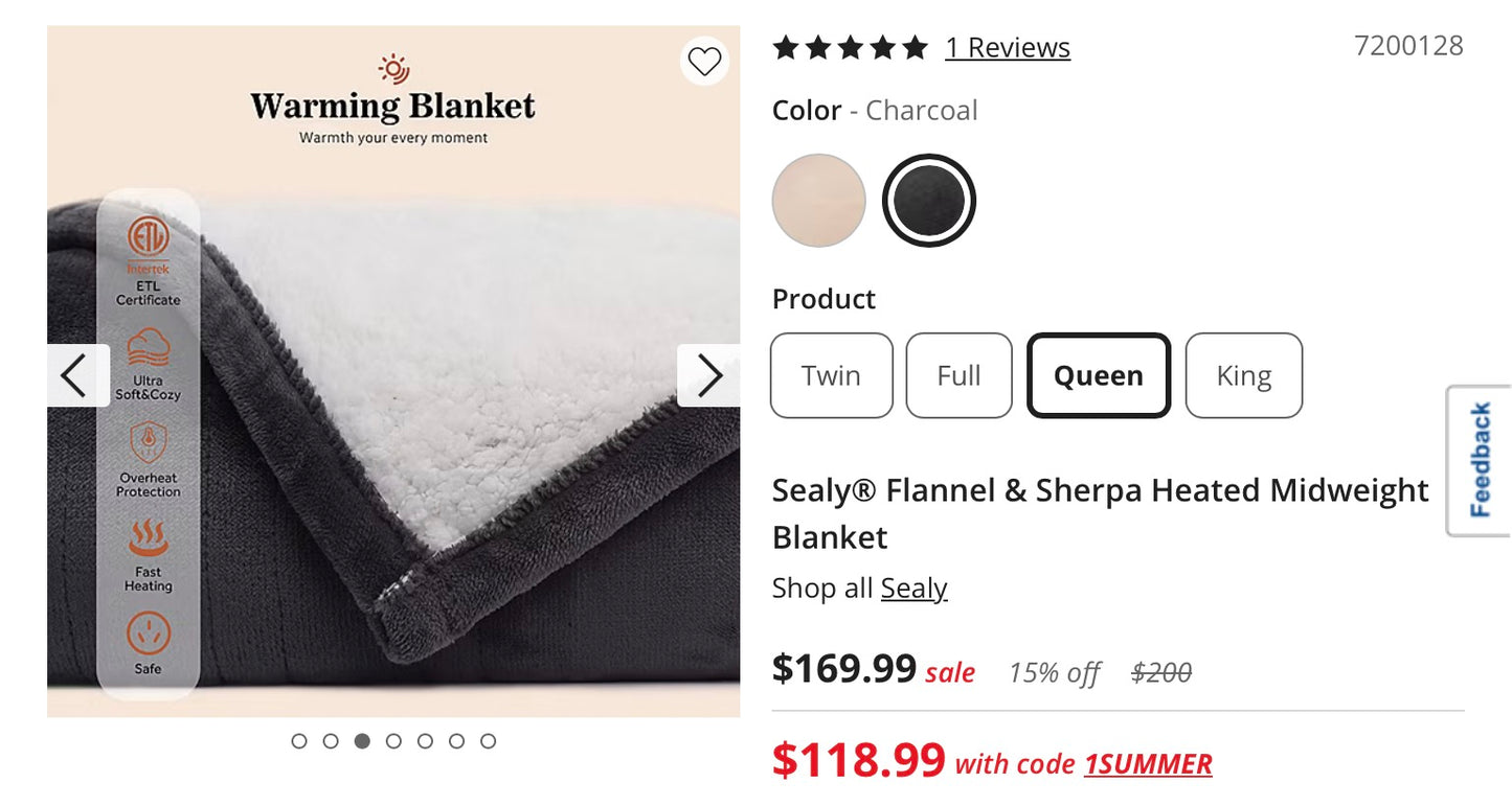 Sealy® Flannel & Sherpa Heated Midweight Blanket Queen-Charcoal