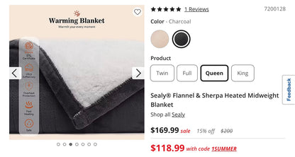 Sealy® Flannel & Sherpa Heated Midweight Blanket Queen-Charcoal