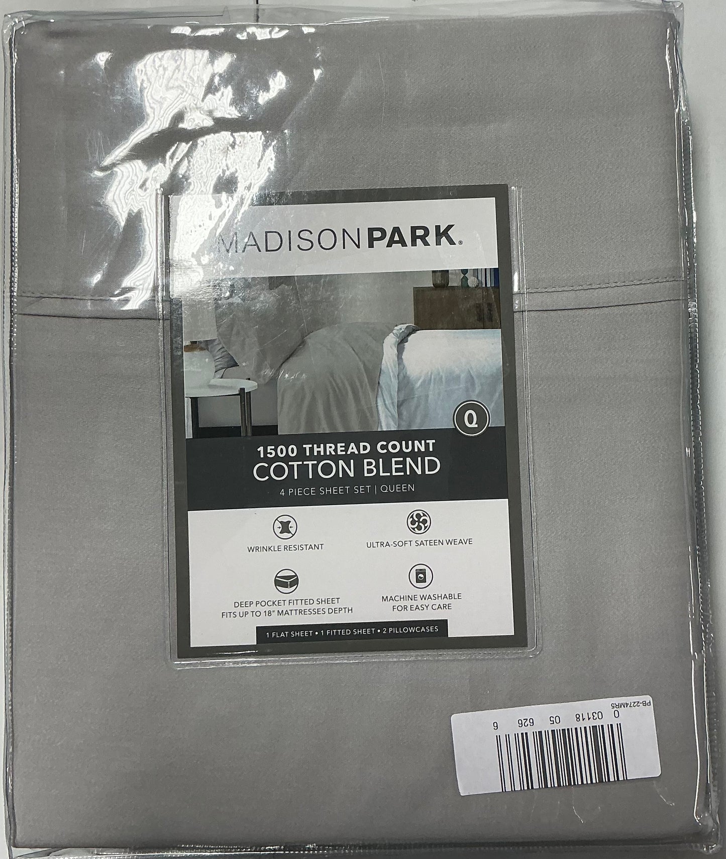 Madison Park 1500 Thread Count Luxury Soft Cotton Easy Care Sheet Set 4 Pieces Queen-Grey