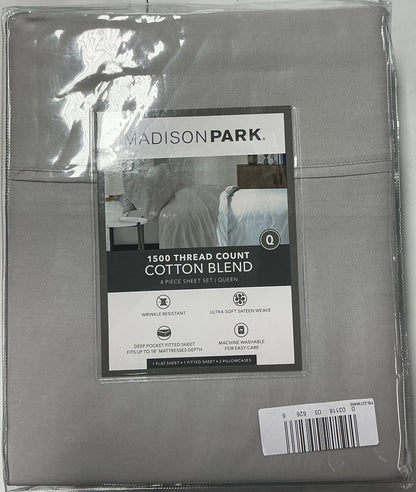 Madison Park 1500 Thread Count Luxury Soft Cotton Easy Care Sheet Set 4 Pieces Queen-Grey