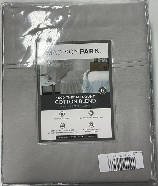 Madison Park 1500 Thread Count Luxury Soft Cotton Easy Care Sheet Set 4 Pieces Queen-Grey