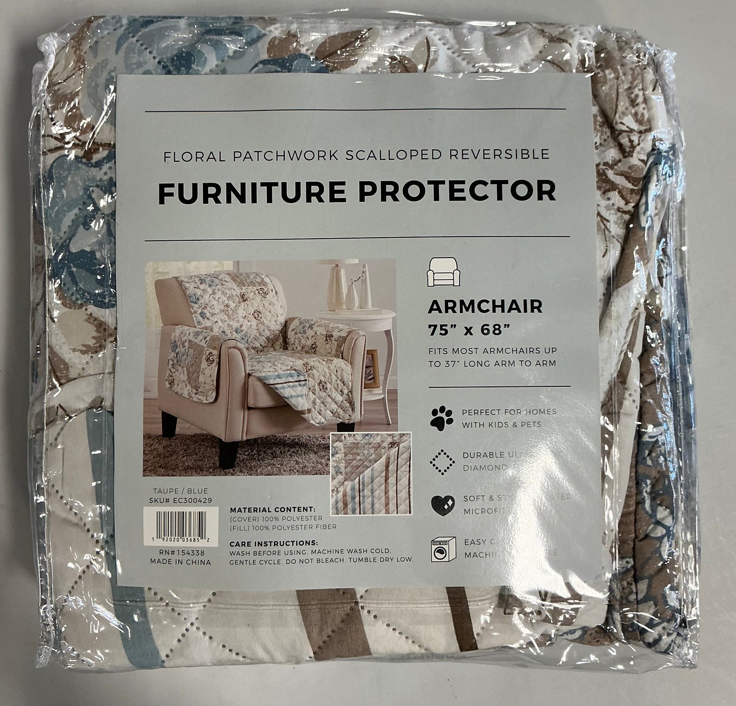 Great Bay Home Maribel floral patchwork chair cover featuring a quilted design with blue and taupe tones armchair 75 in x 68 in