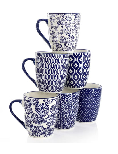 Elama Declan 6 Piece 12 Ounce Assorted Design Stoneware Mug Set in Blue and White - Open Box