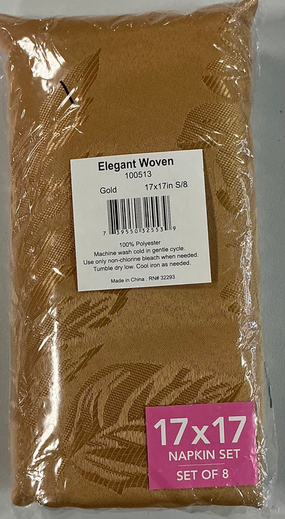 Elrene Home Fashions Elegant Woven Leaves Set 8 Pieces Napkins 17”x17”-Gold