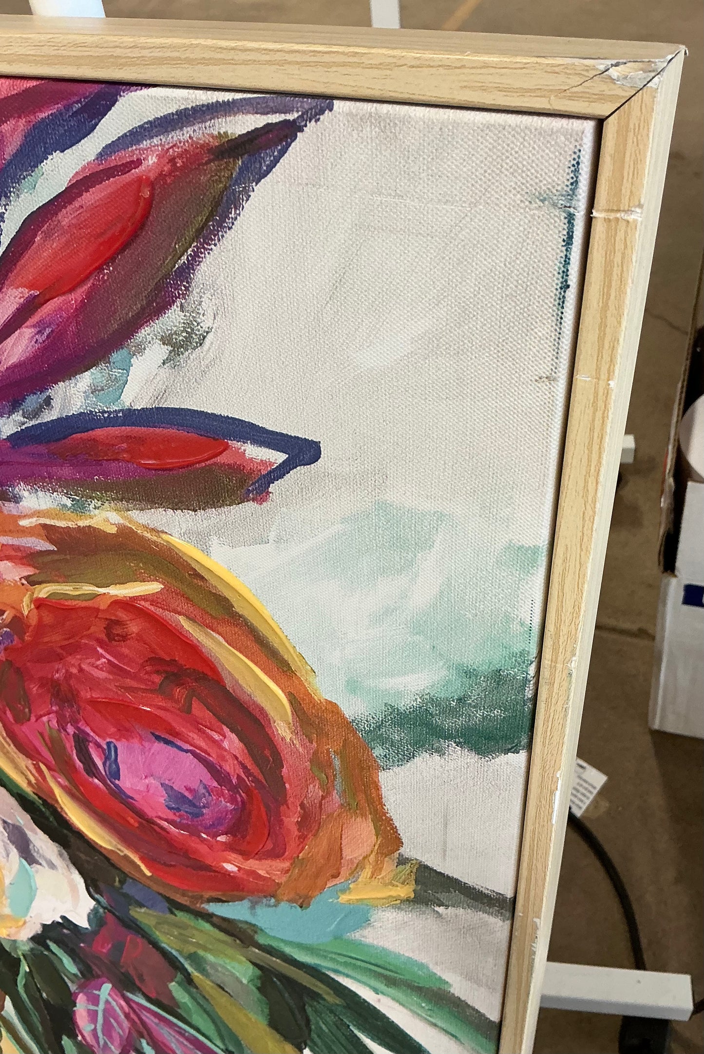 24”x30” colorful floral framed canvas natural - AS IS - COSMETIC FLAWS - PICK UP ONLY