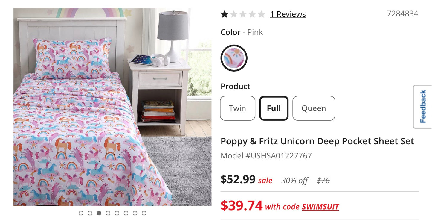 Poppy & Fritz Unicorn Deep Pocket 4 Pieces Sheet Set Full-Included(2 Pillowcases,1 Fitted Sheet and 1 Flat Sheet)-Pink