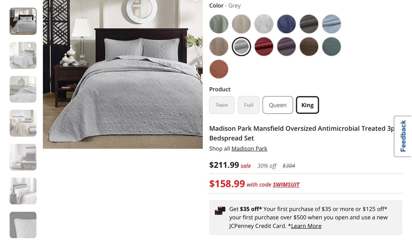 Madison Park Mansfield Oversized Antimicrobial Treated 3pc Bedspread Set king