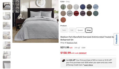 Madison Park Mansfield Oversized Antimicrobial Treated 3pc Bedspread Set king