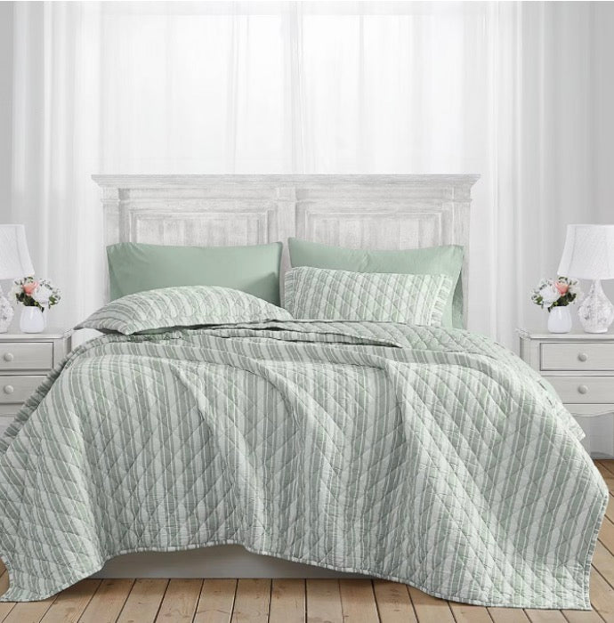 The Farmhouse By Rachel Ashwell Wide Ticking Stripe 3 Pieces Quilt Set Full/Queen-Included(1 Quilt,2 Standard Shams)-Green