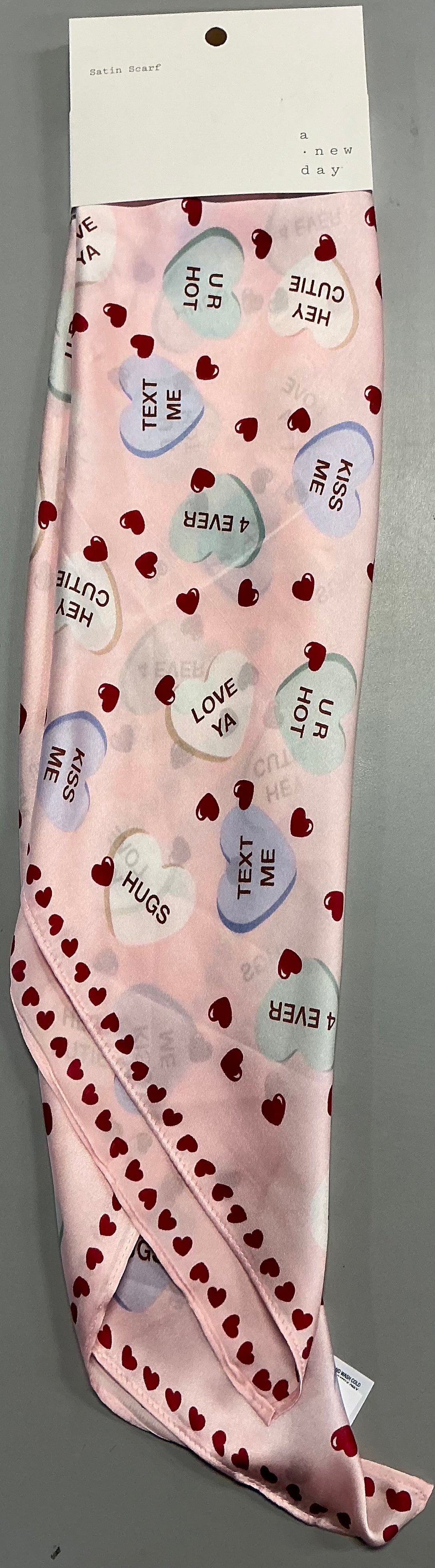 Pink satin scarf with a conversation heart pattern-29in x 29in