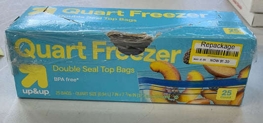 up&up brand 25-count quart-sized freezer storage bags featuring a double seal top