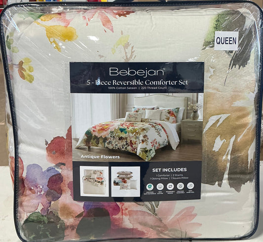 Bebejan 5 Pieces Midweight Reversible Comforter Set Queen-Color(Antique flowers/Ivory)