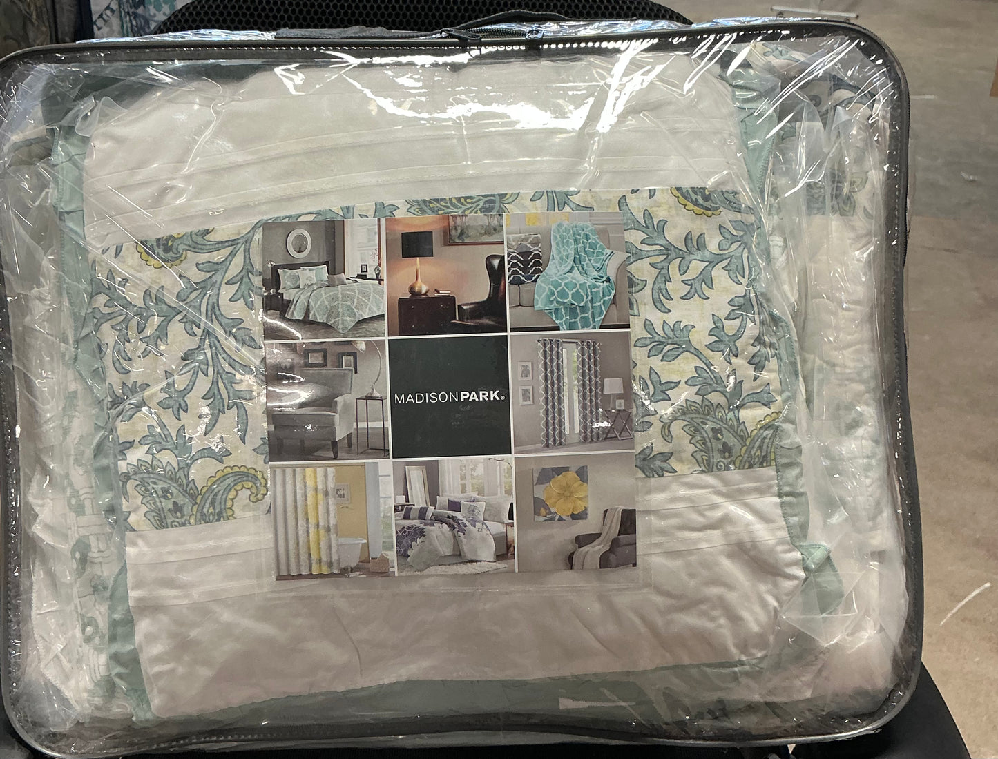 Madison Park 6-piece quilt set in a green and blue paisley pattern. Size king