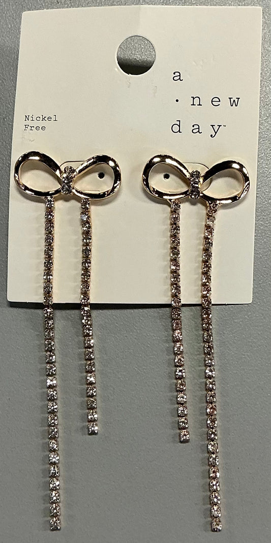 Gold-tone rhinestone bow dangle earrings