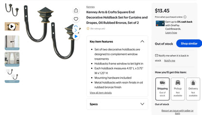 Kenney Holdback Set for Curtains and Drapes, Oil Rubbed Bronze, Set of 2