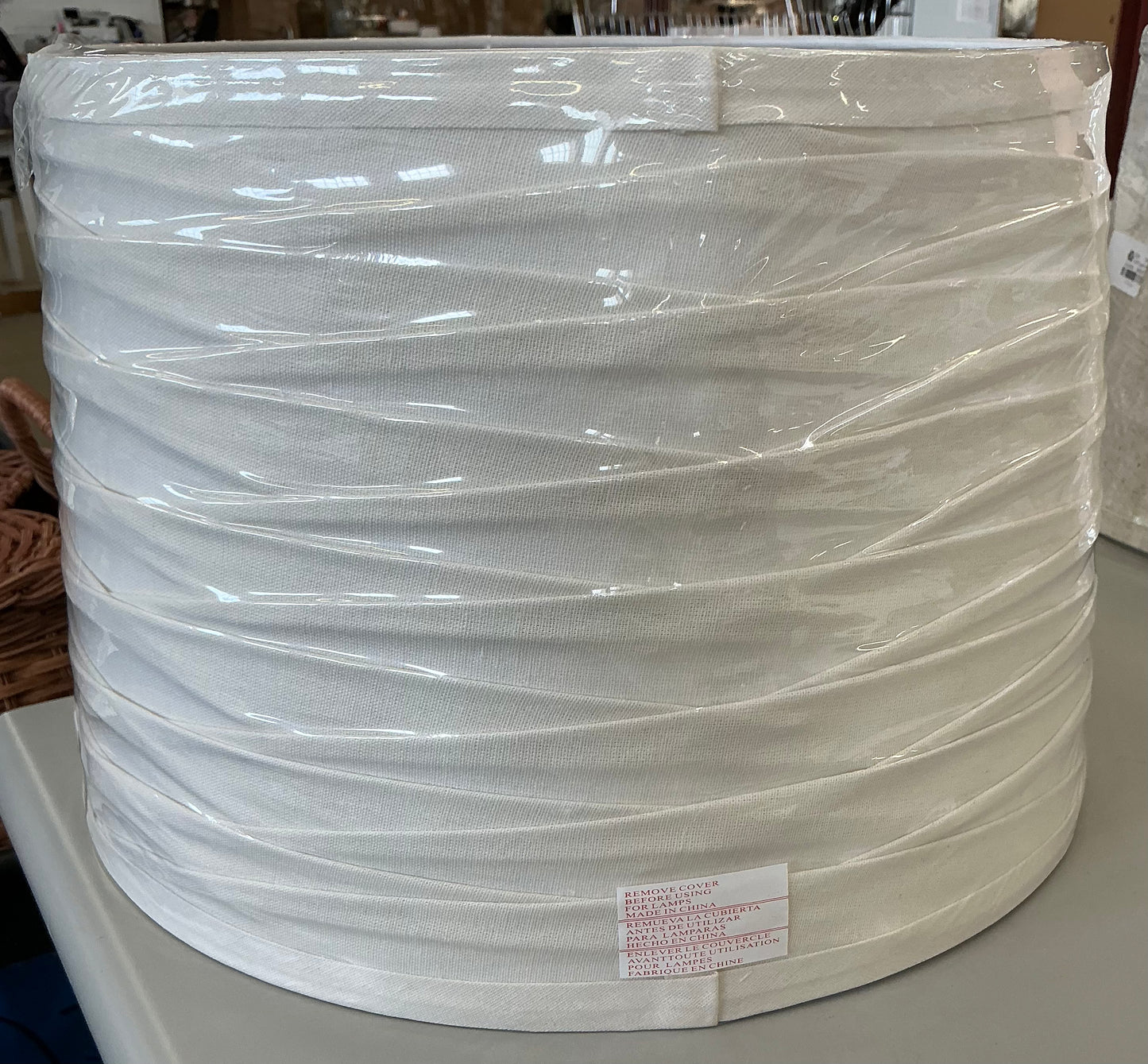 Large white drum linen lamp shade 15x10in cream linen overlay