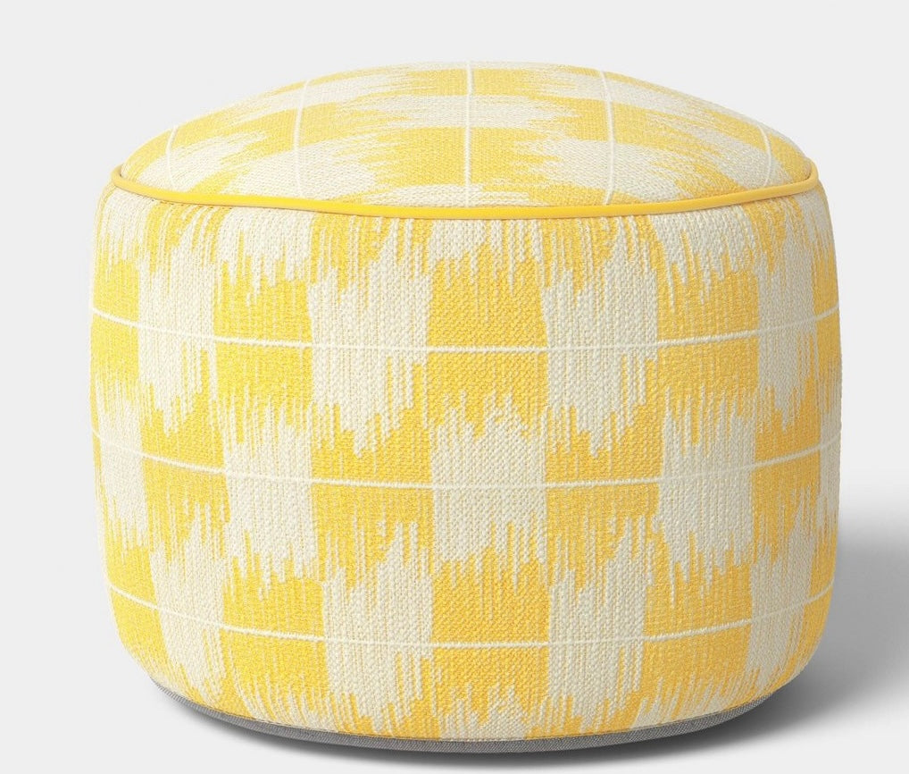14x20” Ikat woven round pouf -yellow/ivory - PICK UP ONLY