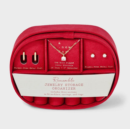 3-Piece 14k Gold-Dipped Cubic Zirconia Jewelry Set in a reusable red storage organizer