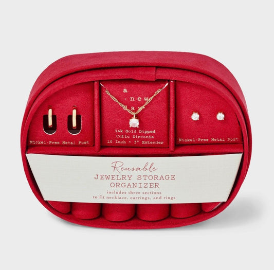 3-Piece 14k Gold-Dipped Cubic Zirconia Jewelry Set in a reusable red storage organizer