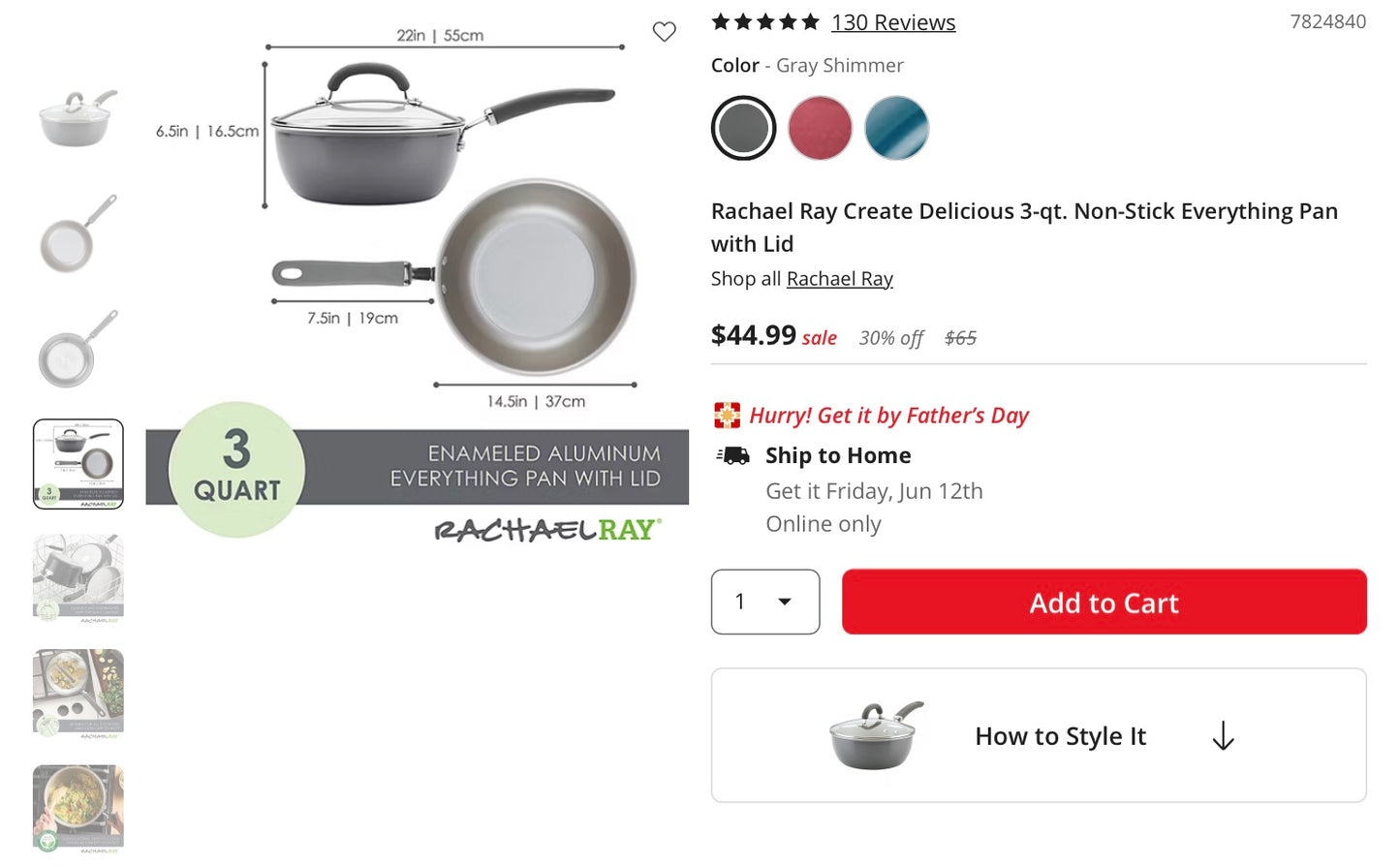Thrifty 70- Rachael Ray Create Delicious 3-qt. Non-Stick Everything Pan with Lid- Used-As is- Final sale- No return