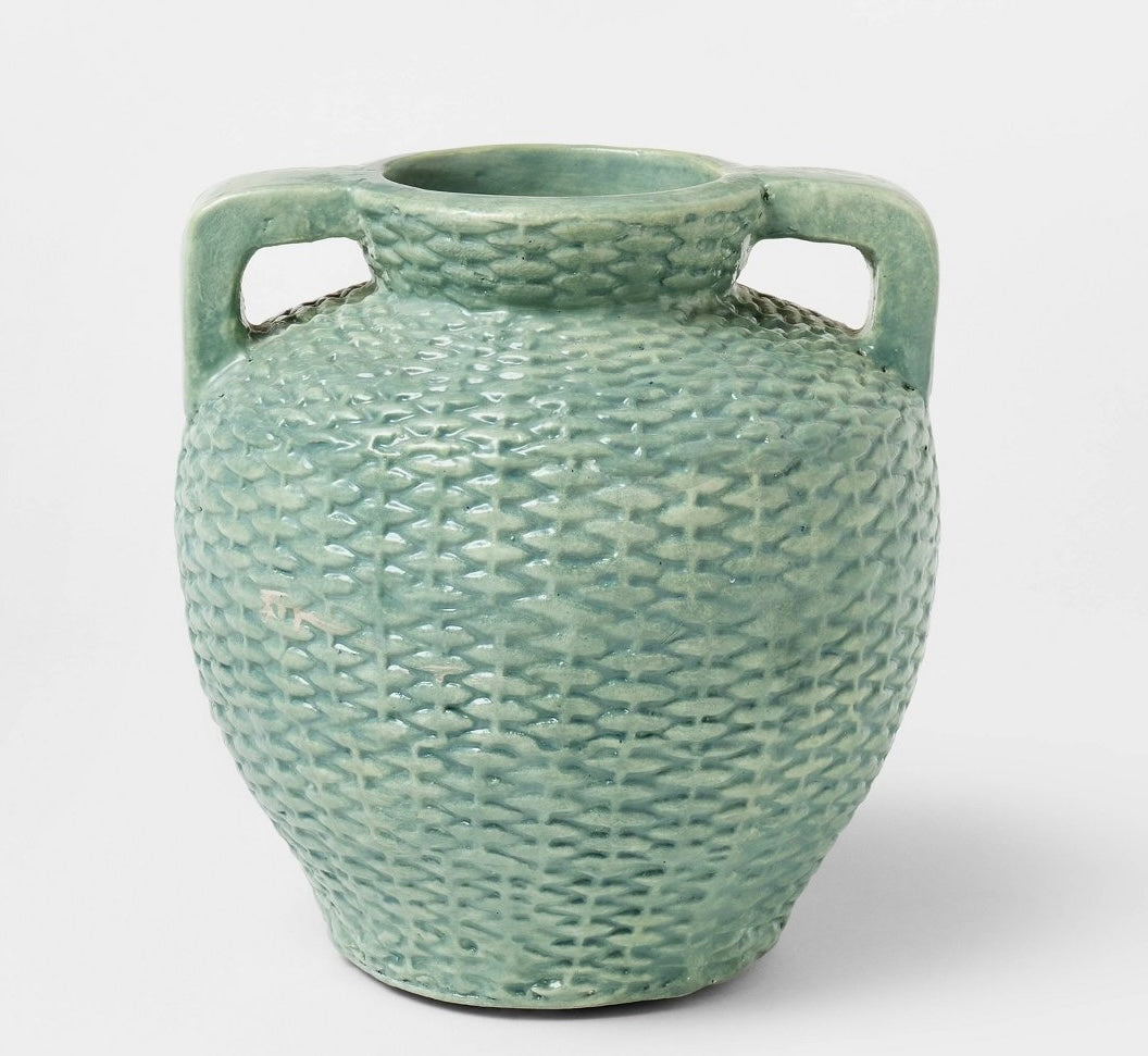 Small woven texture ceramic vase blue - AS IS - SOME COSMETIC FLAWS