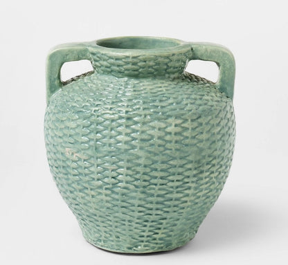 Small woven texture ceramic vase blue - AS IS - SOME COSMETIC FLAWS