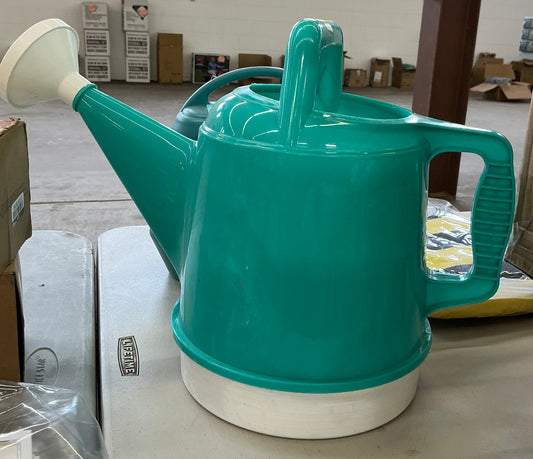 Bloem Deluxe 2.5 Gallon Watering Can in Bermuda Teal with a white removable sprinkle nozzle and base