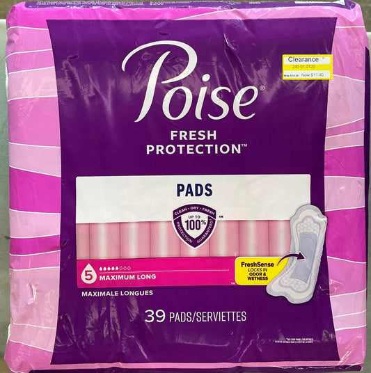 Poise Fresh Protection Maximum Long Pads for bladder leaks, featuring 5-drop absorbency and 39 pads per pack