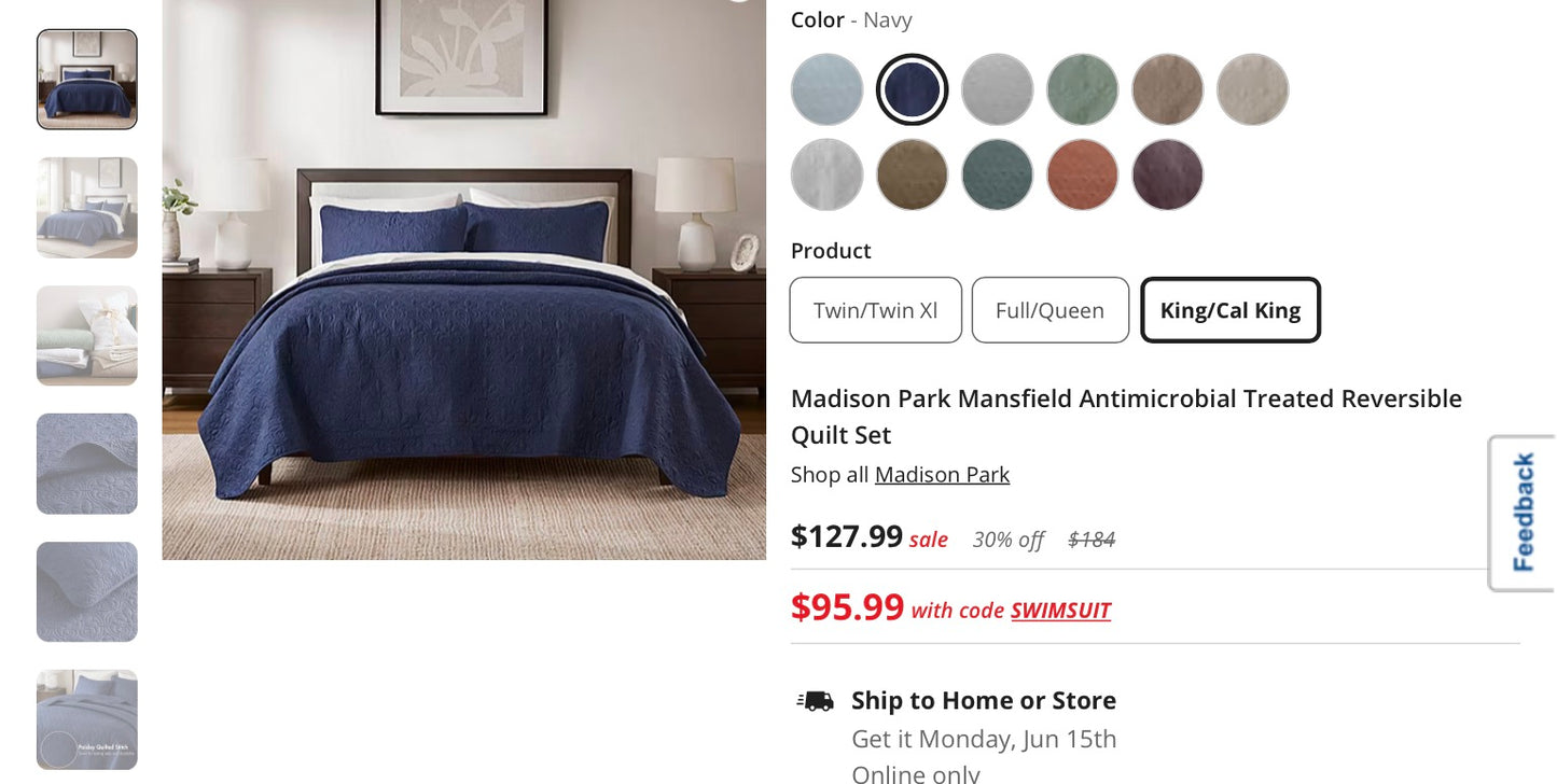 Madison Park Mansfield Antimicrobial Treated Reversible Quilt Set king/cal king