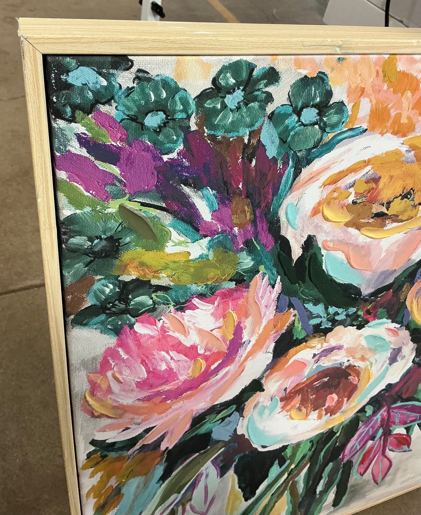 24”x30” colorful floral framed canvas natural - AS IS - COSMETIC FLAWS - PICK UP ONLY