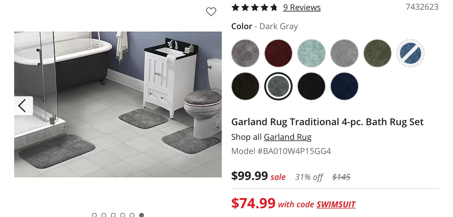 Garland Rug Traditional 4 Pieces Bath Rug Set-Included(1 17”x24 Bath Rug,1 21”x34”Bath Rug,1 21”x24”Contour Bath Rug,1 Standard Lid Cover)-Dark Gray