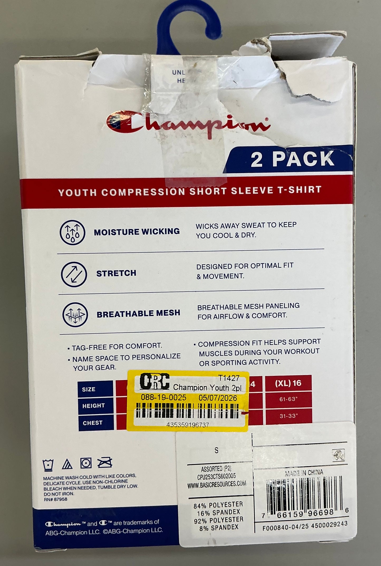 Champion youth 2pk compression t-shirt - black/black - size small 6/7 - open package
