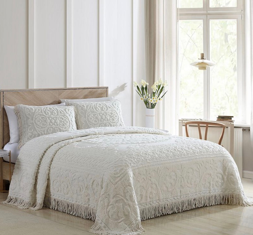 Beatrice Home Fashions Medallion Chenille Bedspread in Queen size and Ivory color.