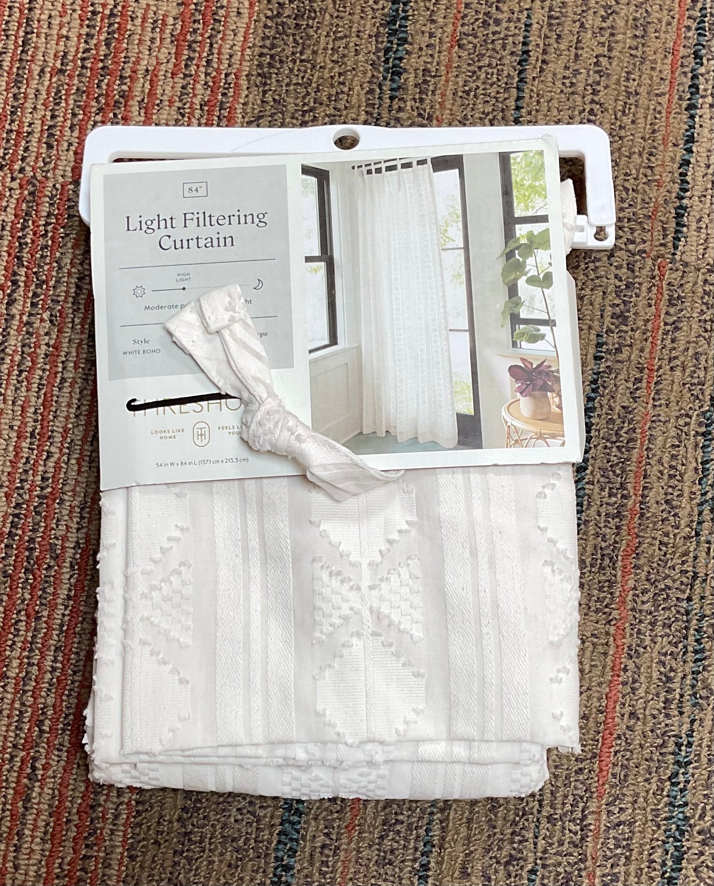 54"x84" Light Filtering Boho Diamond Clip Curtain Panel
White