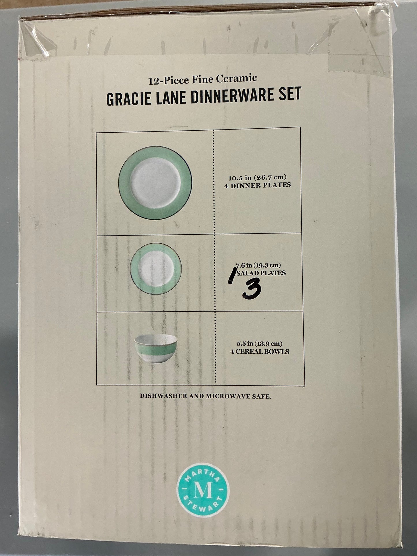 Martha Stewart 11-pc. Martha Blue Gracie Lane Ceramic Dinnerware Set - Open Box - MISSING 1 SALAD PLATE