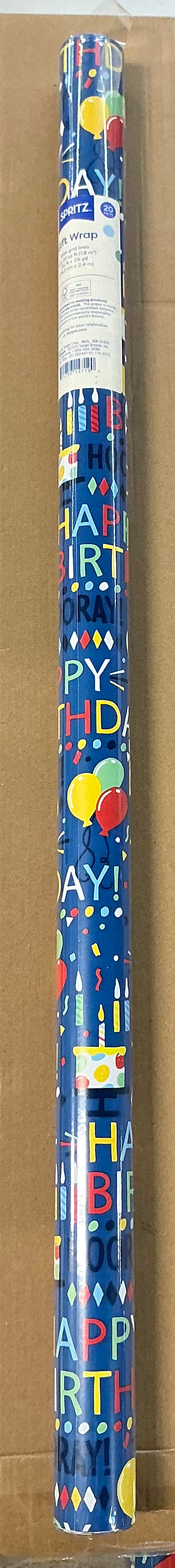 96”x30” Happy Birthday Hooray, balloon & cake gift wrapping paper blue