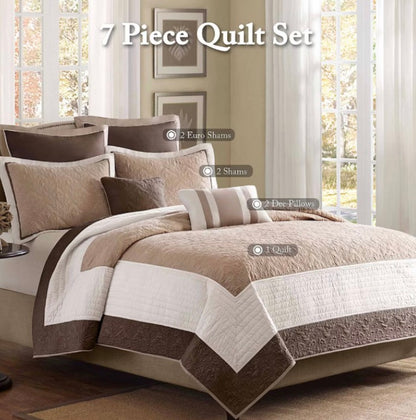 Madison Park Danville 7 Piece Quilt Set with Euro Shams and Throw Pillows Full/Queen-Beige/Brown