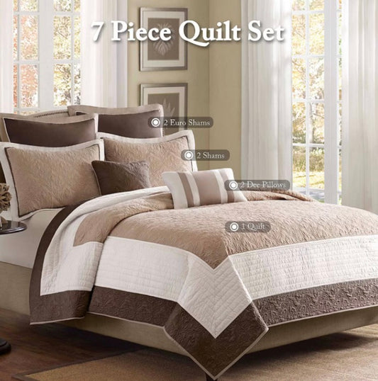 Madison Park Danville 7 Piece Quilt Set with Euro Shams and Throw Pillows Full/Queen-Beige/Brown