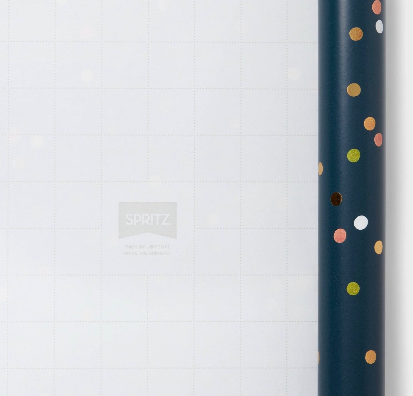 Spritz navy blue wrapping paper with multi-color polka dots