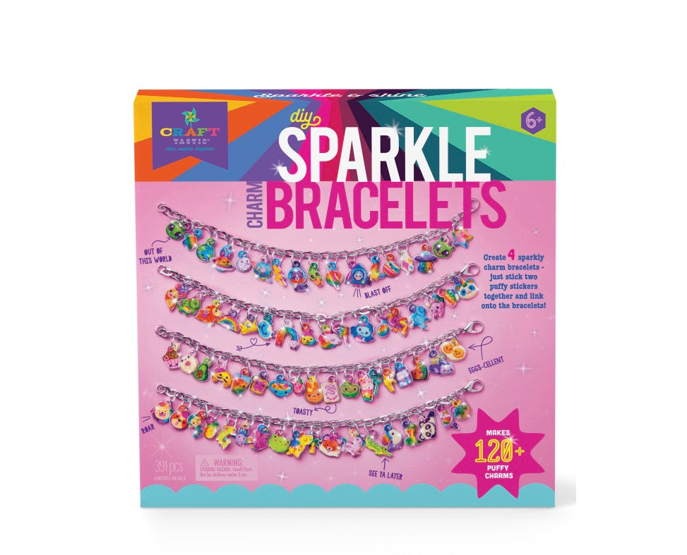 Sparkle Charm Bracelet DIY craft kit featuring various themed puffy sticker charms