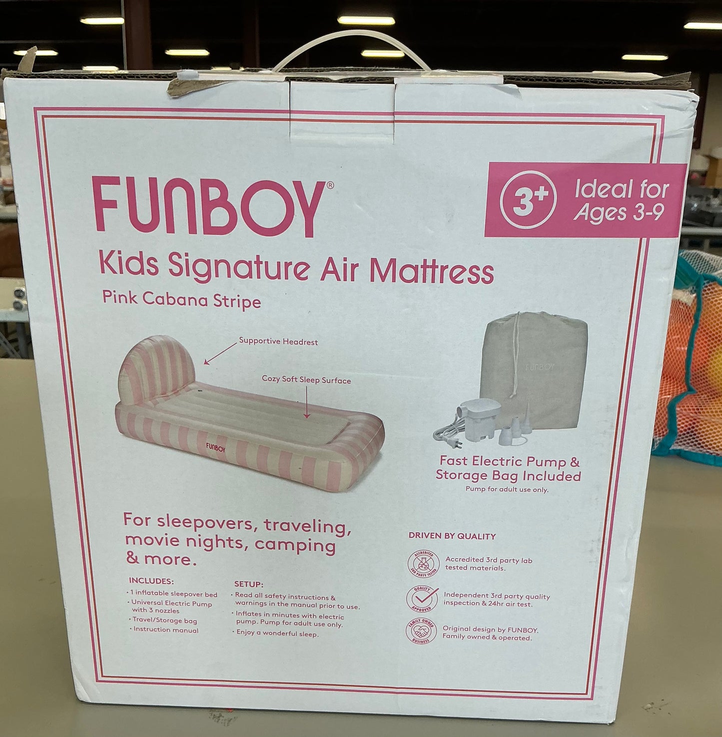 FUNBOY light pink stripe 15”H kids’ sleepover twin air mattress bed - AS IS - MISSING PUMP