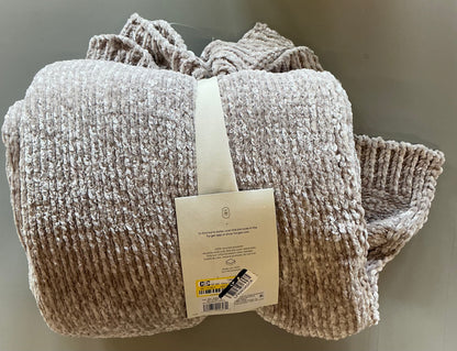 50”x60” shiny chenille throw blanket neutral: soft knitted, reversible