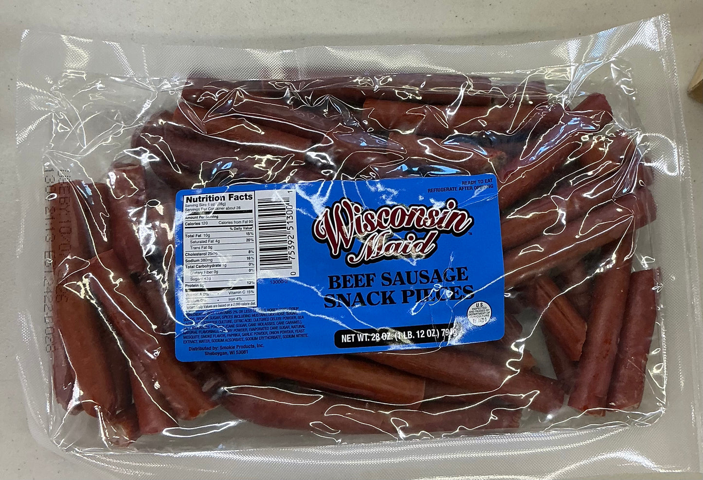 28-ounce package of Wisconsin Maid beef sausage snack pieces