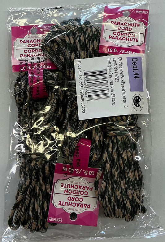Camouflage parachute cord and clip set - containing three 18-foot cords & 3pks of (6count) clips