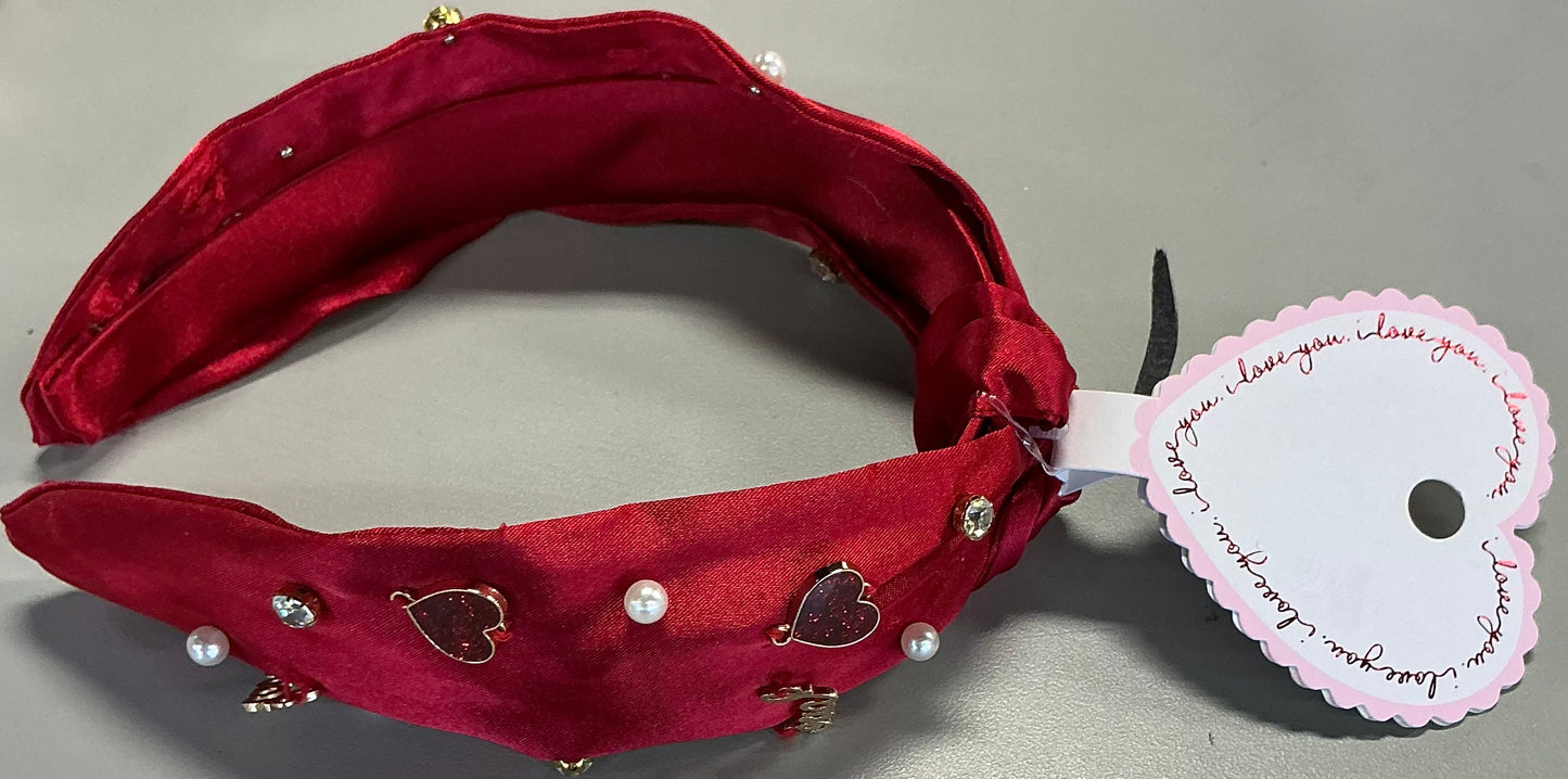 Red satin headband with heart charms and faux pearls