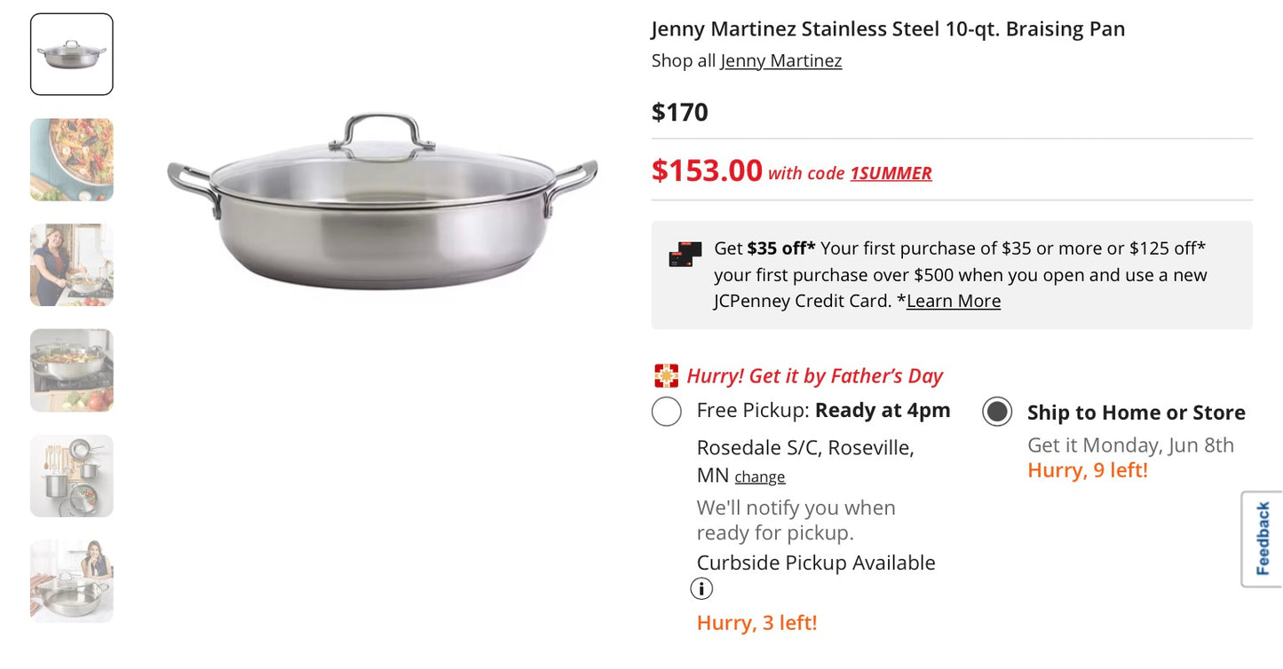 Thrifty 70- Jenny Martinez Stainless Steel 10-qt. Braising Pan- Used- As is- Final sale- No return