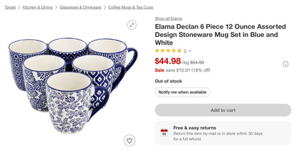 Elama Declan 6 Piece 12 Ounce Assorted Design Stoneware Mug Set in Blue and White - Open Box