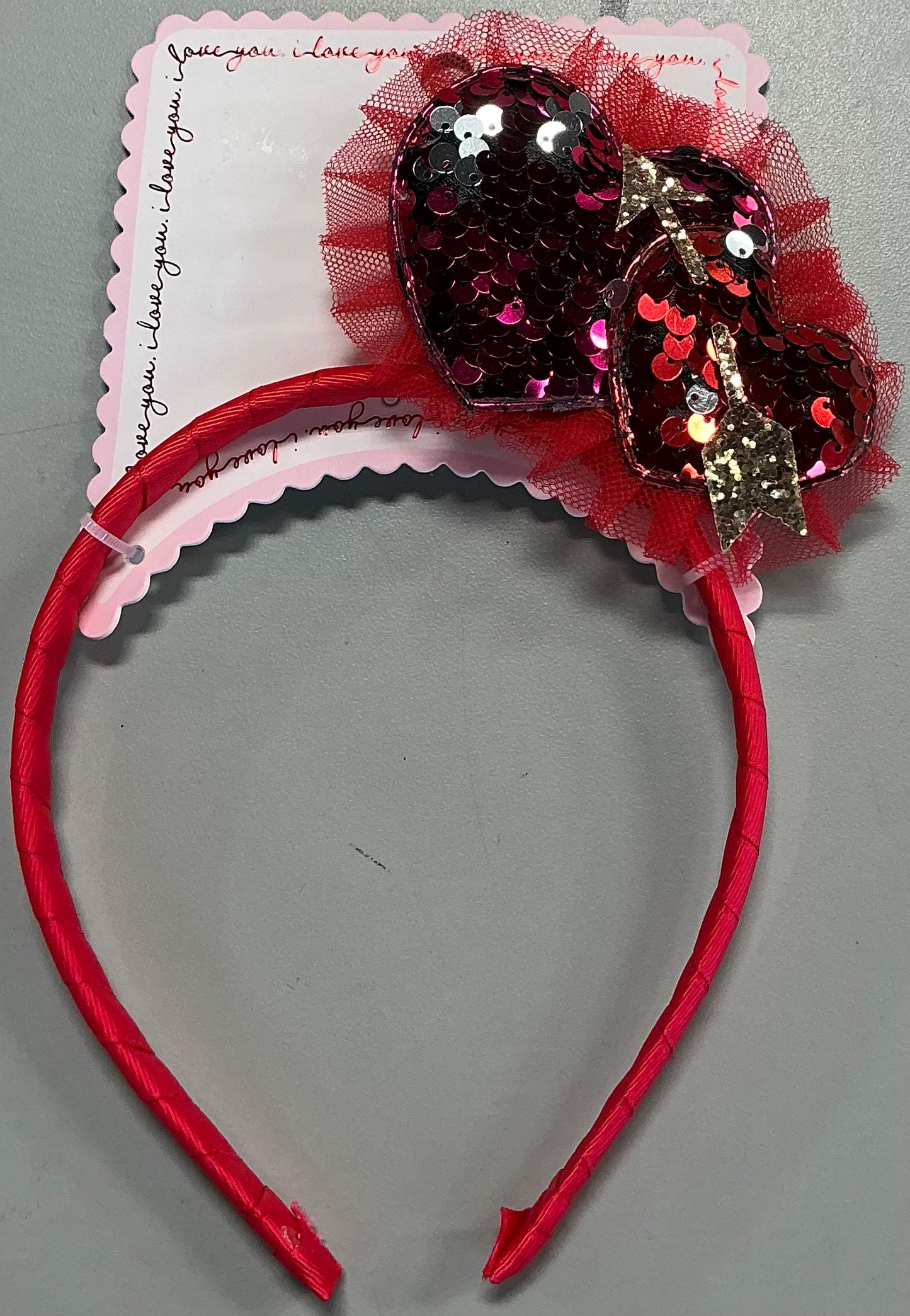 Red sequin heart headband with tulle and arrow details